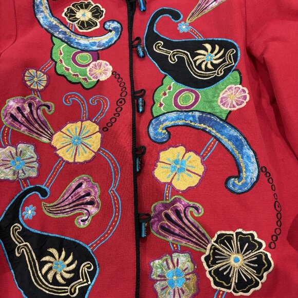 Stunning RED Embroidered & Applique Art Jacket - SIZE M - FREE SHIPPING! - Picture 3 of 10